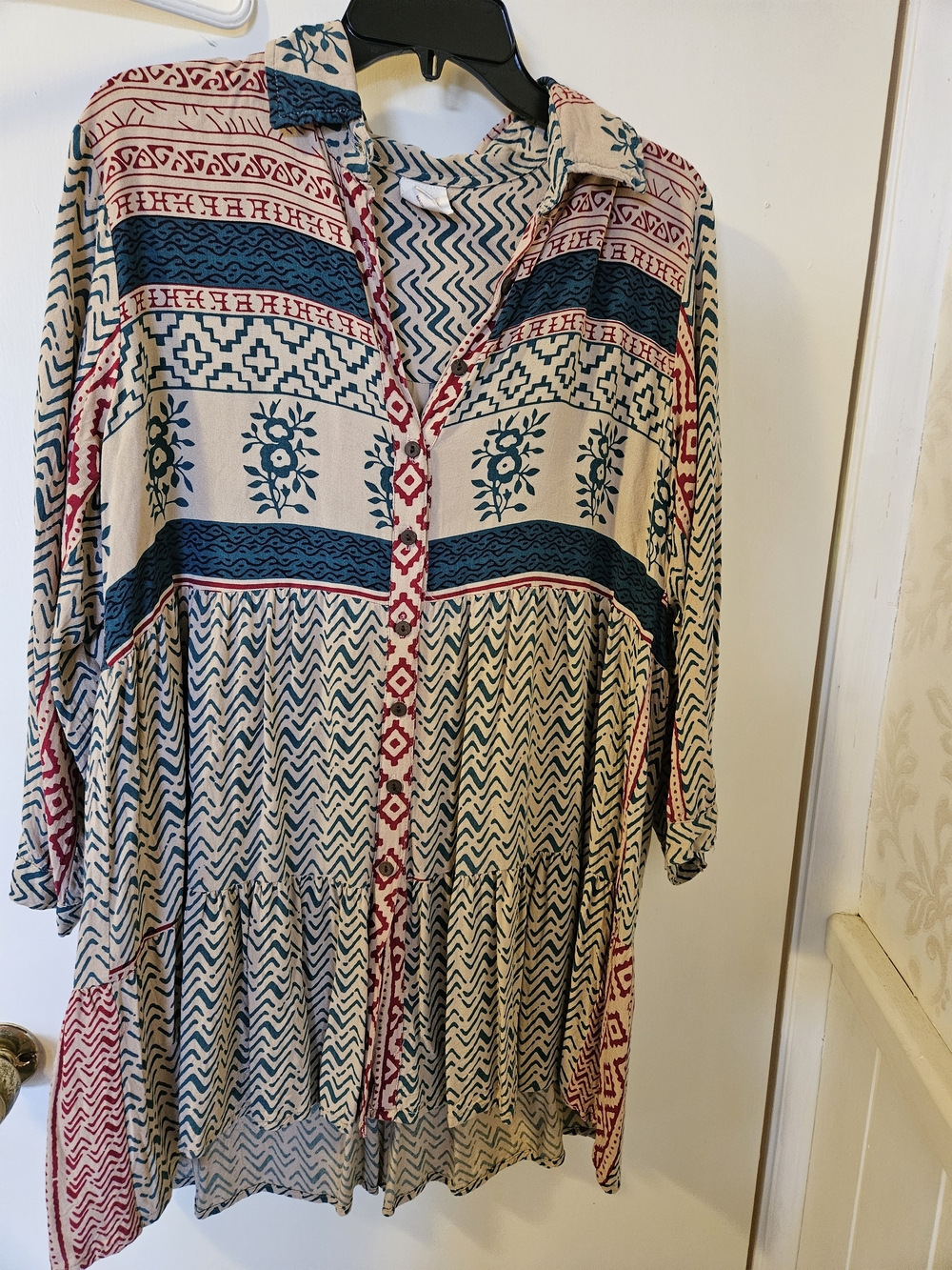 Women’s Bohemian Button-Down Tunic Dress in Ivory, Teal & Rust